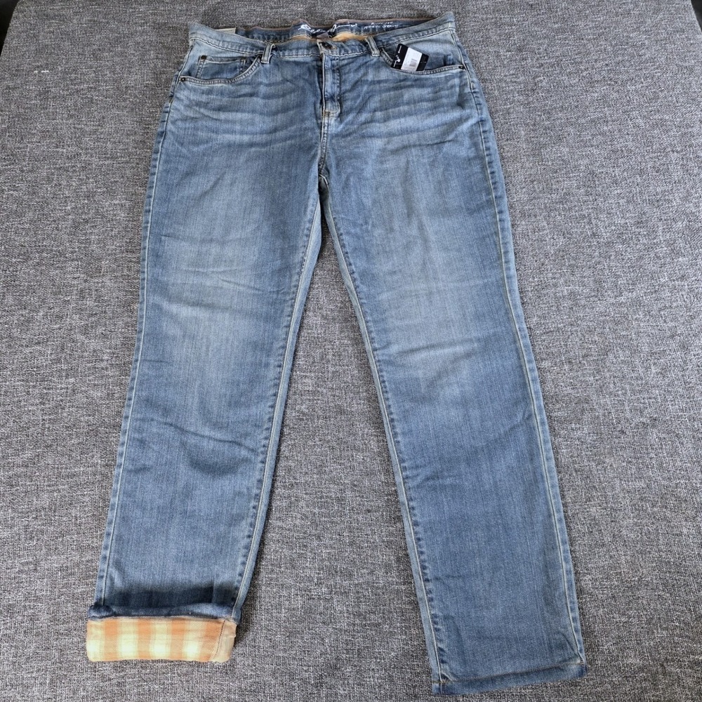 NWT Eddie Bauer Jeans Womens 14 Blue Flannel Lined Boyfriend Fit Stretch Denim